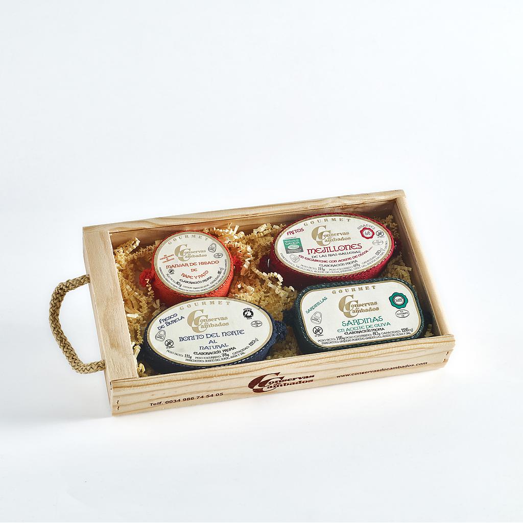 4 gourmet cans in wooden box