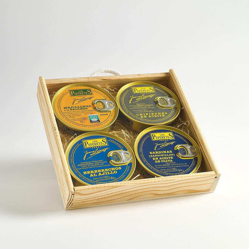 4 gourmet cans in square wooden box